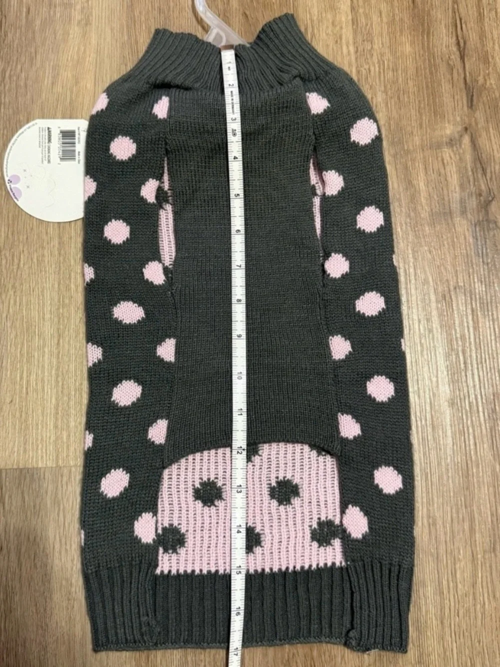 Perfectly Pet Dog Sweater Large Gray Pink Polka Dot Pom Pom Knit NWT